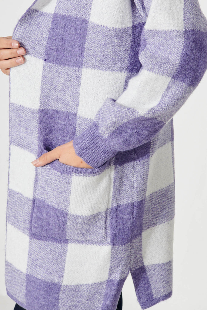 Dina Hood Knit Cardigan In Purple Check Wool Blend - detail