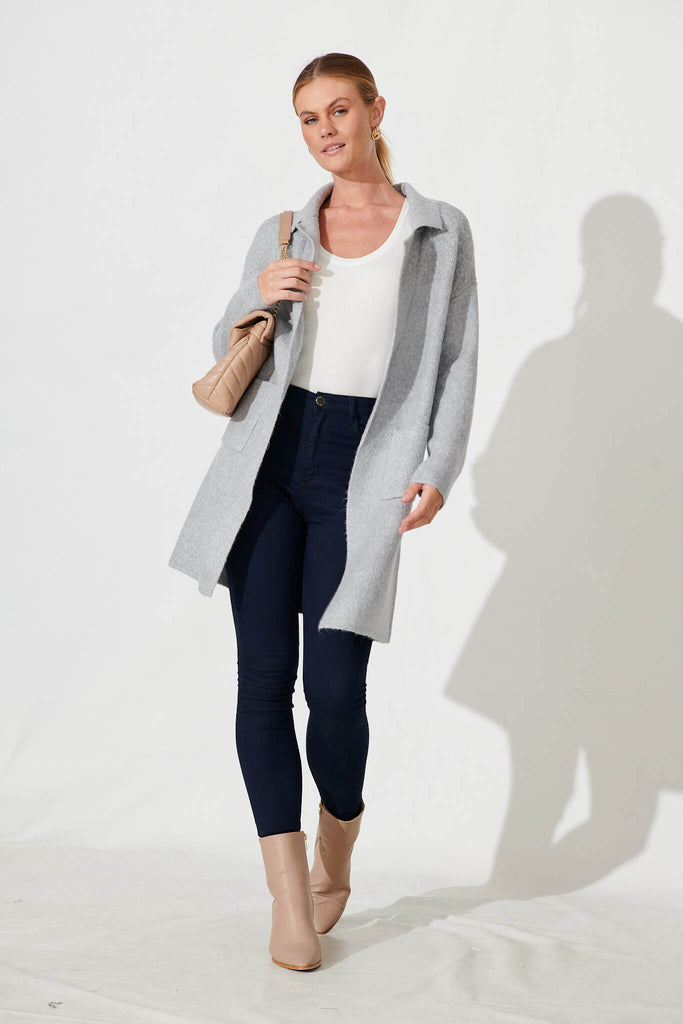 Acorn Knit Coatigan In Grey Marle Wool Blend - full length