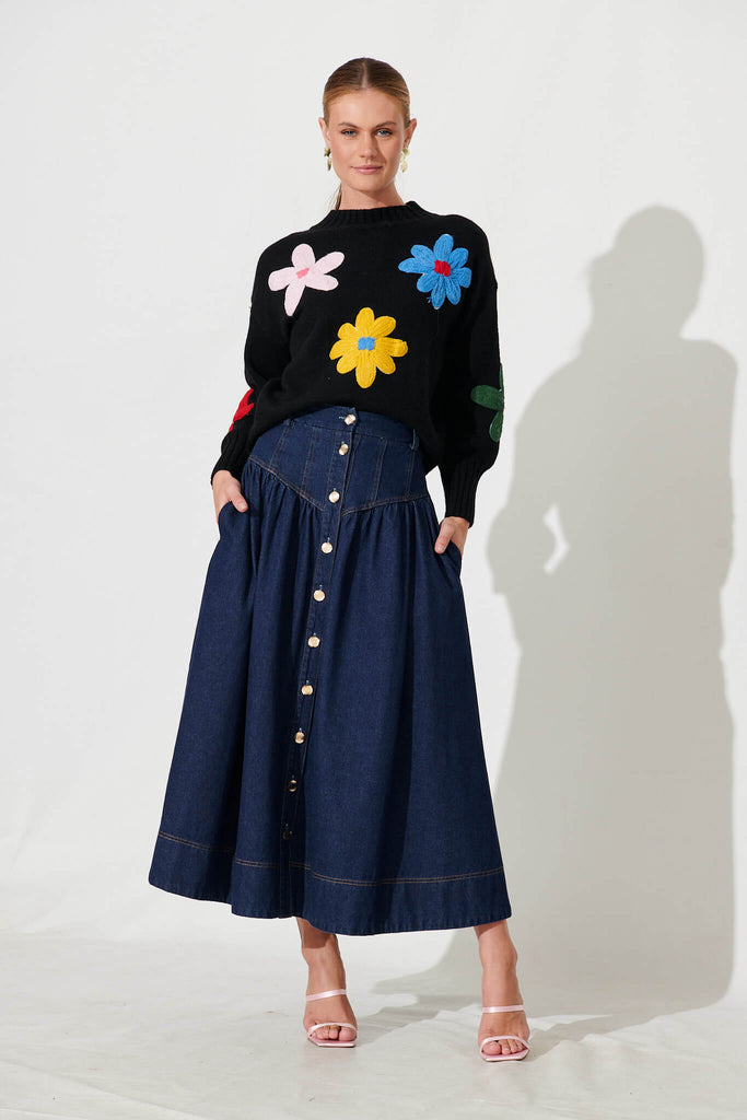 Sette Knit In Black With Multi Flower Wool Blend - full length