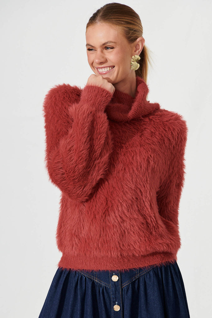 Aline Fluffy Knit In Deep Red Wool Blend - front