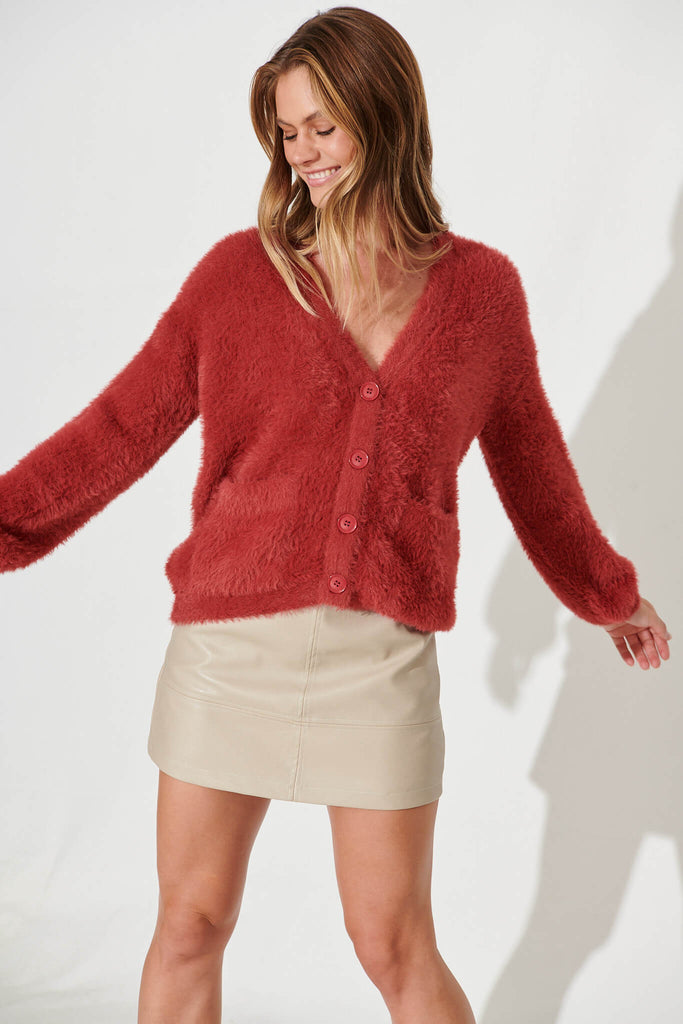 Timeout Fluffy Knit Cardigan In Red Wool Blend - front