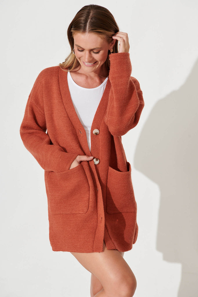 Alpine Knit Cardigan In Rust Wool Blend - front