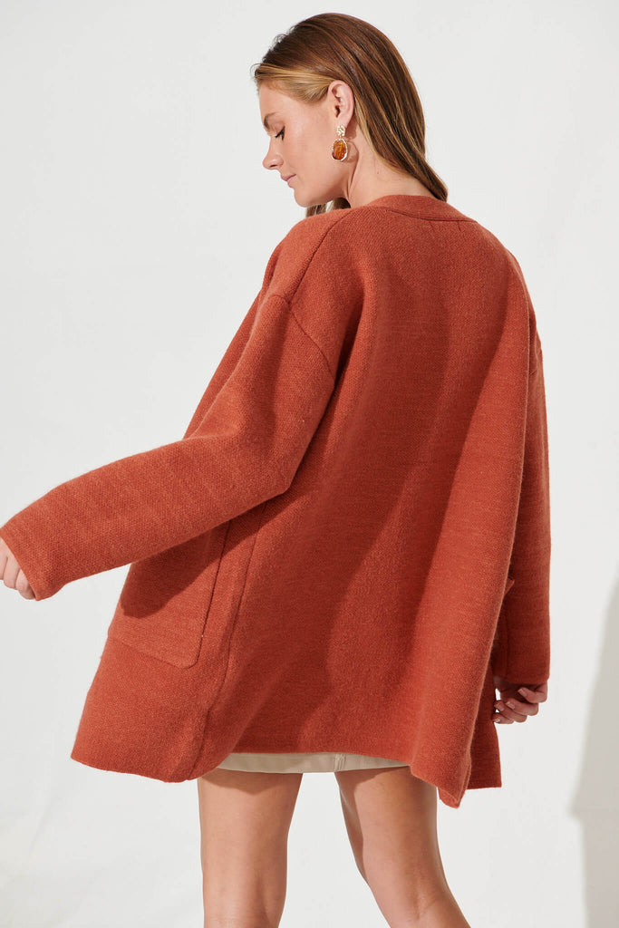Alpine Knit Cardigan In Rust Wool Blend - back