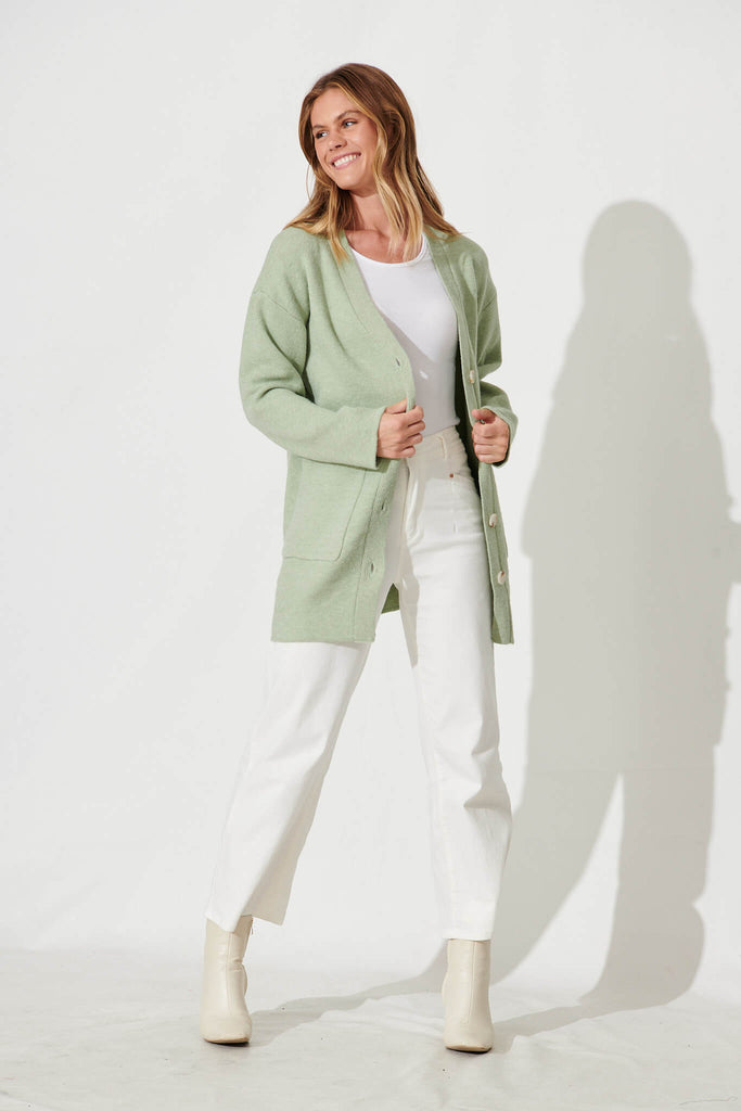 Alpine Knit Cardigan In Green Wool Blend - full length