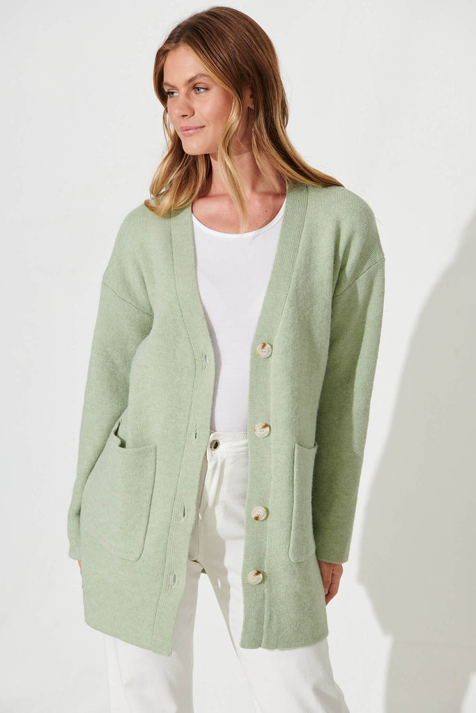 Alpine Knit Cardigan In Green Wool Blend - front