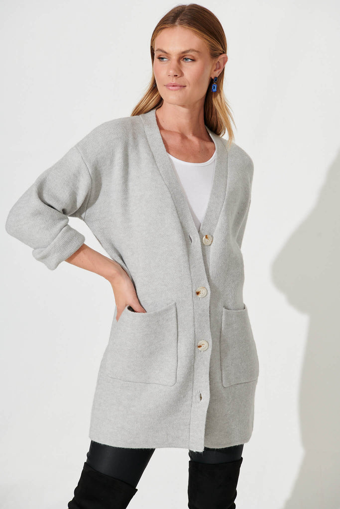 Alpine Knit Cardigan In Grey Wool Blend - front