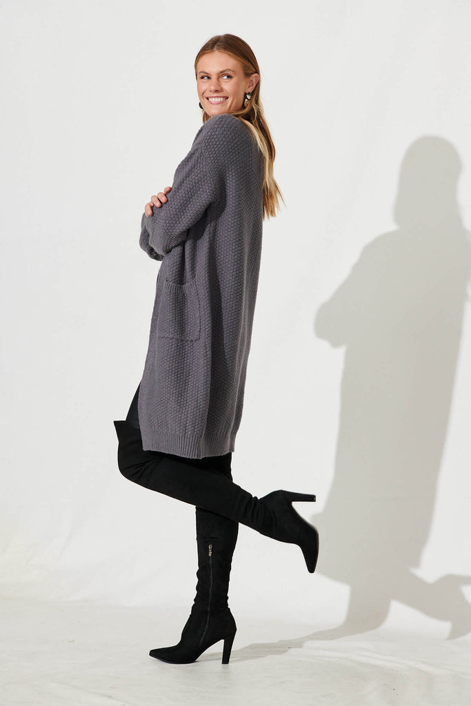 Arvon Knit Cardigan In Dark Grey Wool Blend - side