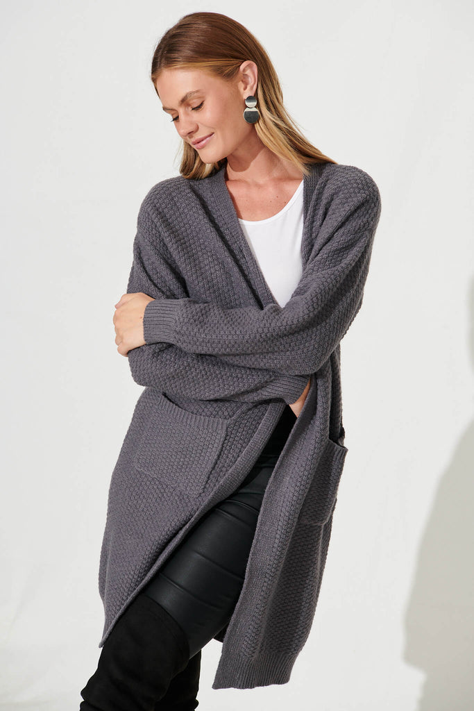 Arvon Knit Cardigan In Dark Grey Wool Blend - front