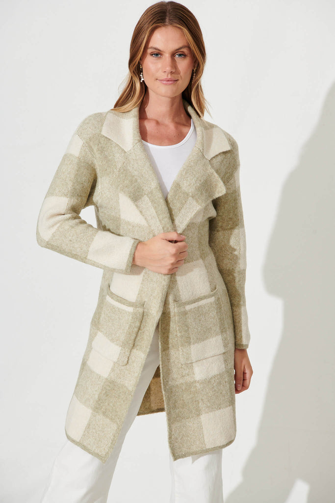 Thelma Knit Coatigan In Light Green Check Wool Blend - front