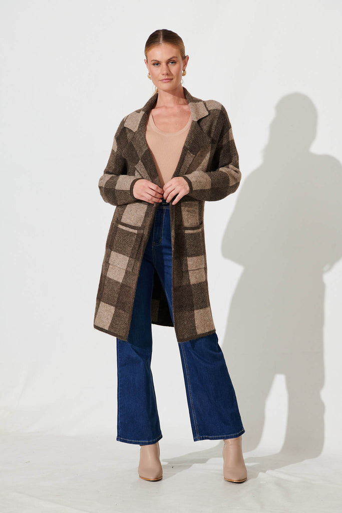 Thelma Knit Coatigan In Brown Check Wool Blend - full length