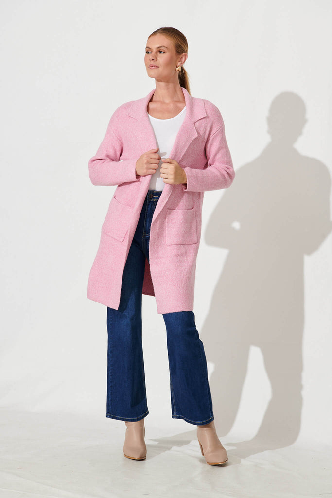 Acorn Knit Coatigan In Pink Marle Wool Blend - full length