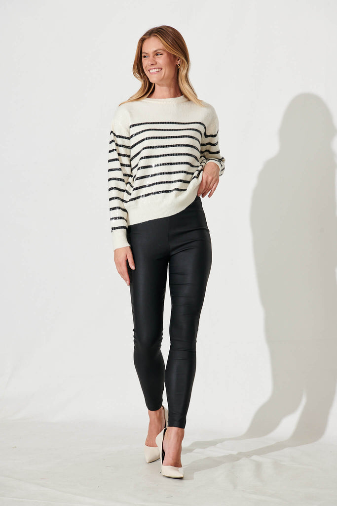 Una Knit In White With Black Stripe Sequin Wool Blend - full length
