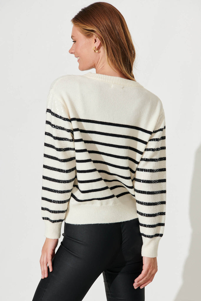 Una Knit In White With Black Stripe Sequin Wool Blend - back