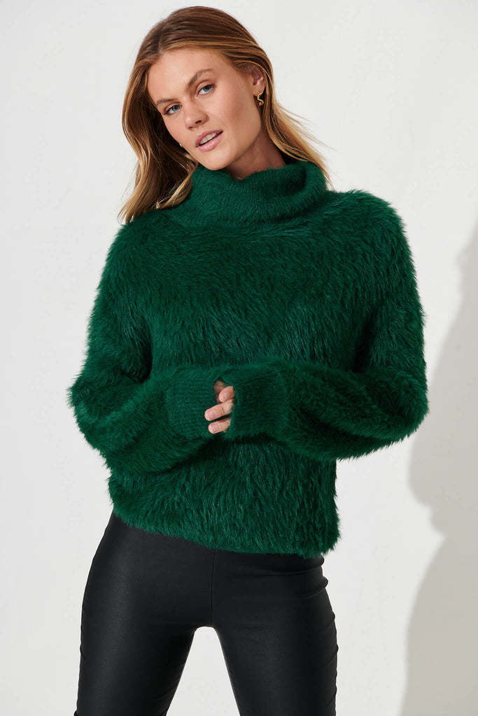 Aline Fluffy Knit In Teal Wool Blend - front