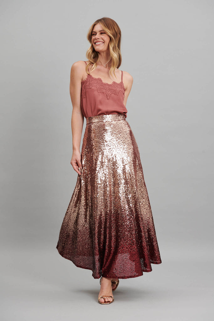 Exquisite Maxi Skirt In Gold With Wine Ombre Sequin - full length