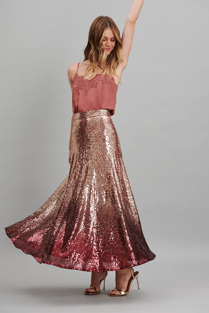 Exquisite Maxi Skirt In Gold With Wine Ombre Sequin - full length