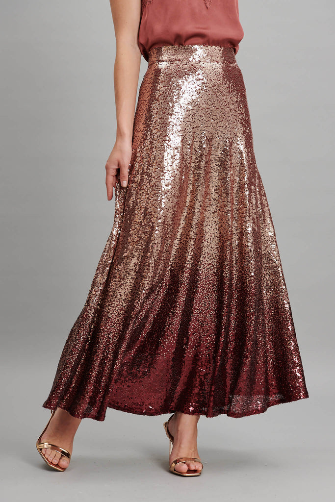 Exquisite Maxi Skirt In Gold With Wine Ombre Sequin - front