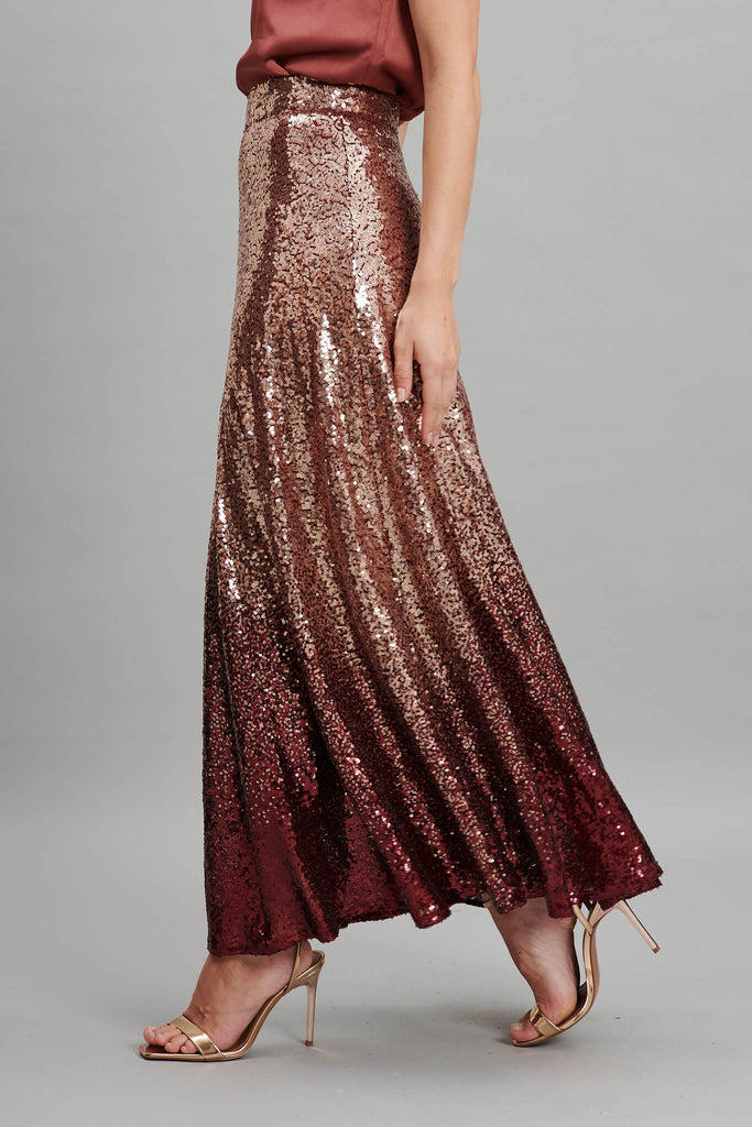 Exquisite Maxi Skirt In Gold With Wine Ombre Sequin - side