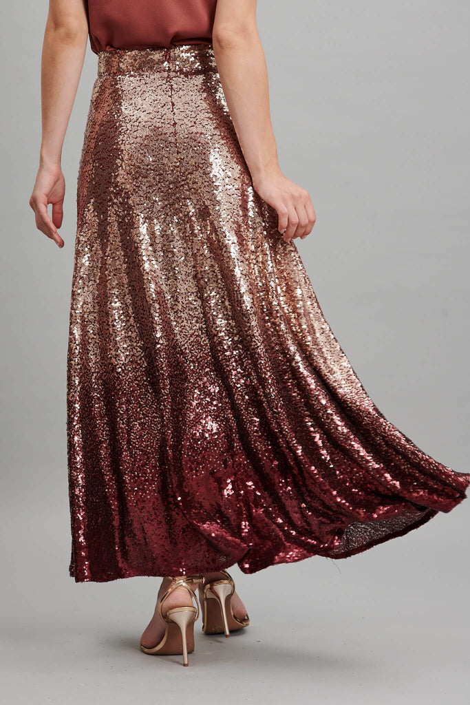 Exquisite Maxi Skirt In Gold With Wine Ombre Sequin - back