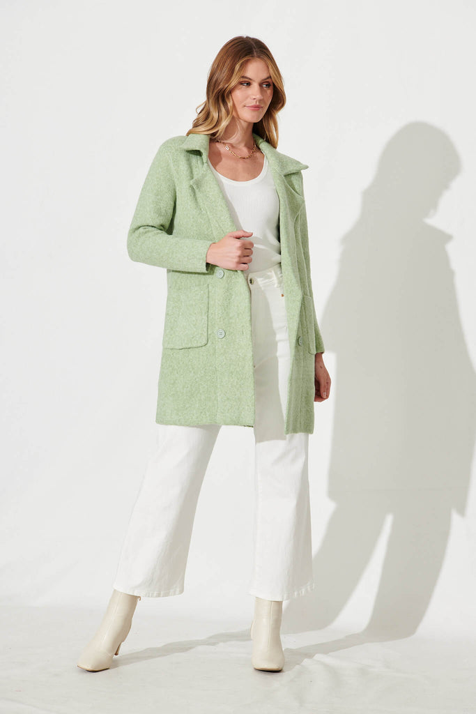 Nordic Knit Coatigan In Green Wool Blend - full length