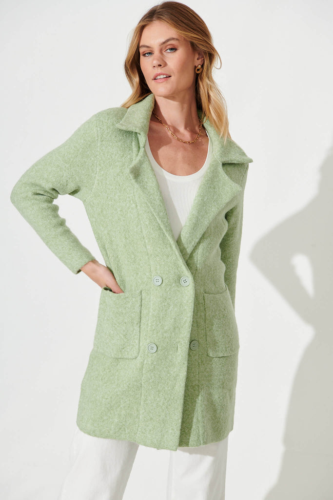 Nordic Knit Coatigan In Green Wool Blend - front