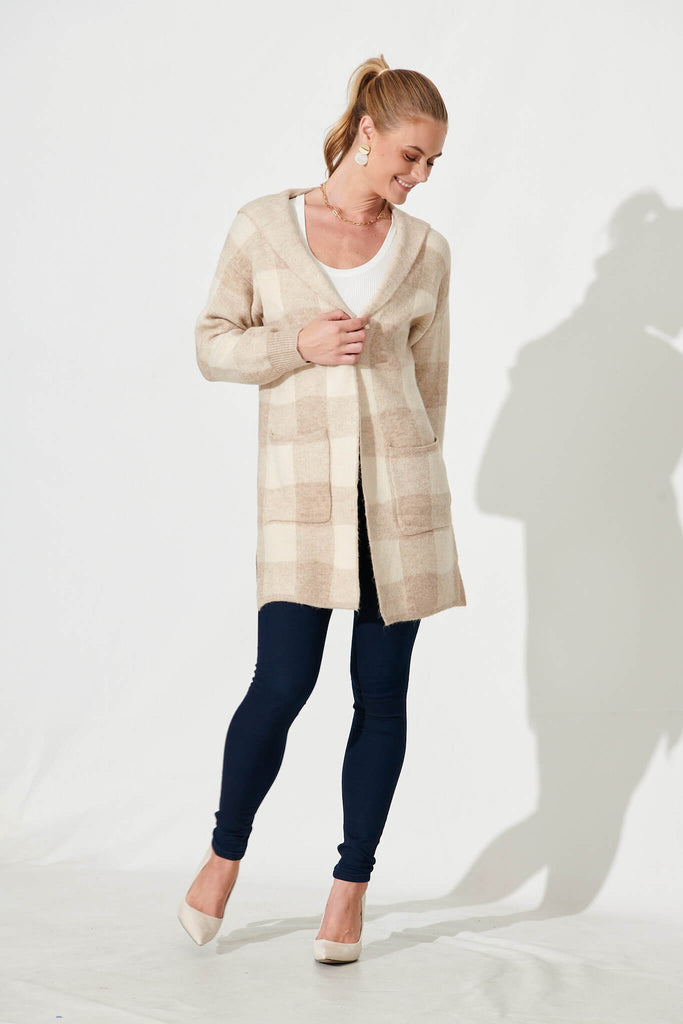 Dina Hood Knit Cardigan In Beige Check Wool Blend - full length