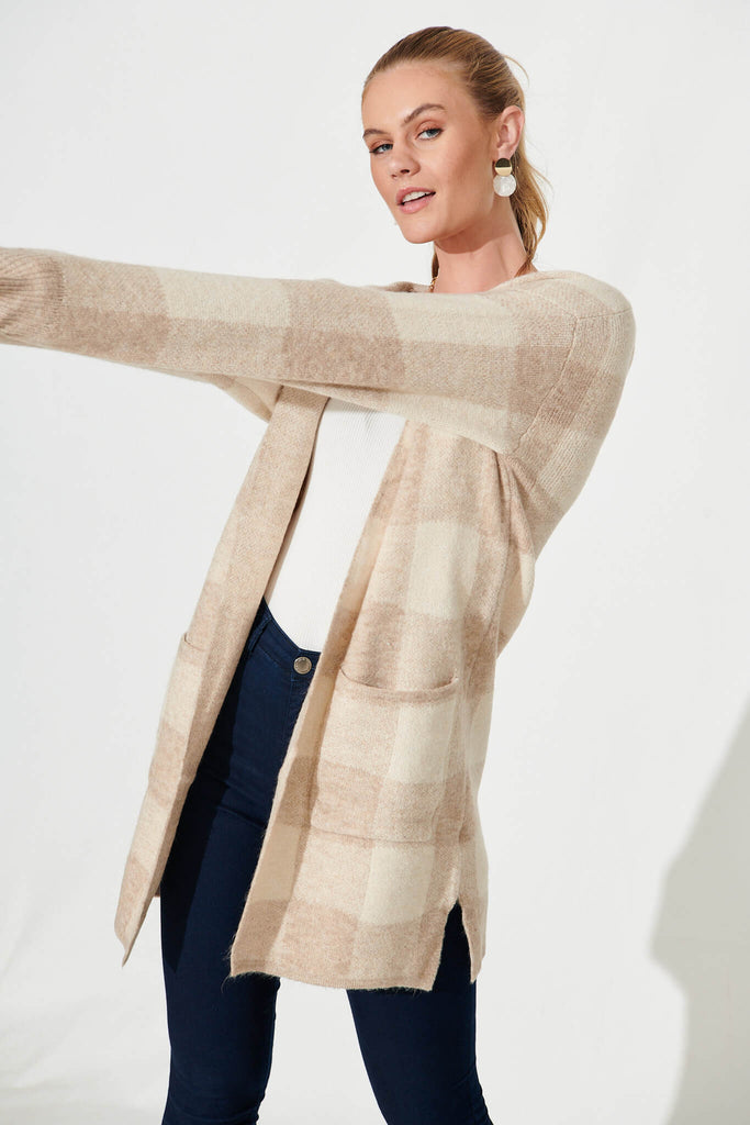 Dina Hood Knit Cardigan In Beige Check Wool Blend - front
