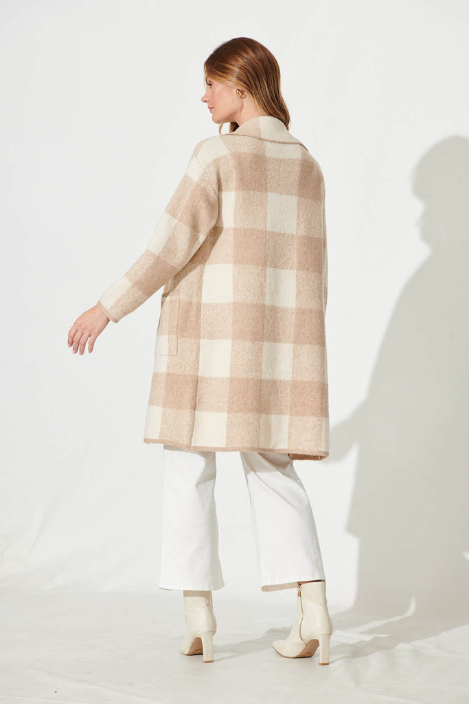 Thelma Knit Coatigan In Beige Check Wool Blend - back