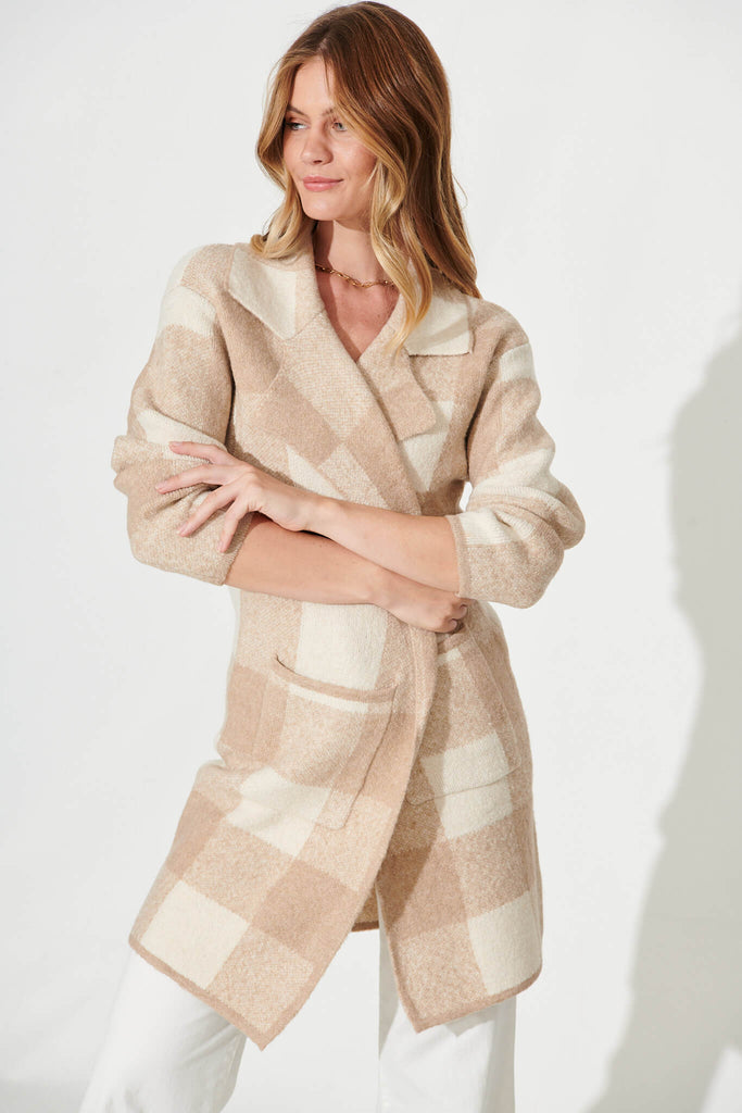 Thelma Knit Coatigan In Beige Check Wool Blend - front