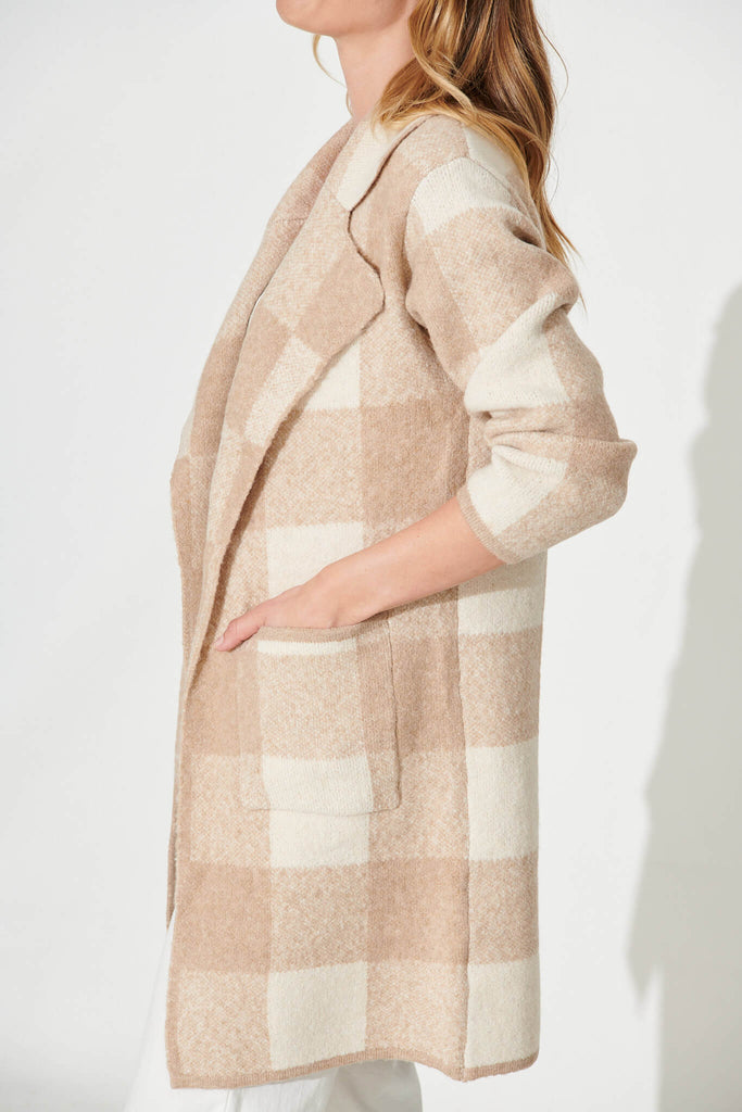 Thelma Knit Coatigan In Beige Check Wool Blend - detail