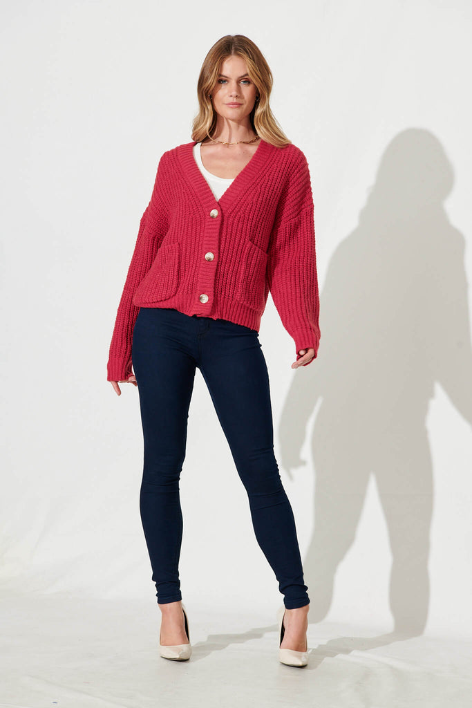 Arctic Knit Cardigan In Red Wool Blend - full length