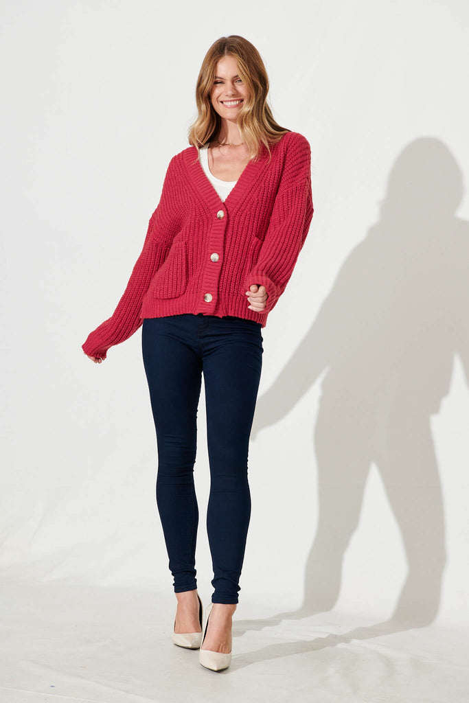 Arctic Knit Cardigan In Red Wool Blend - full length