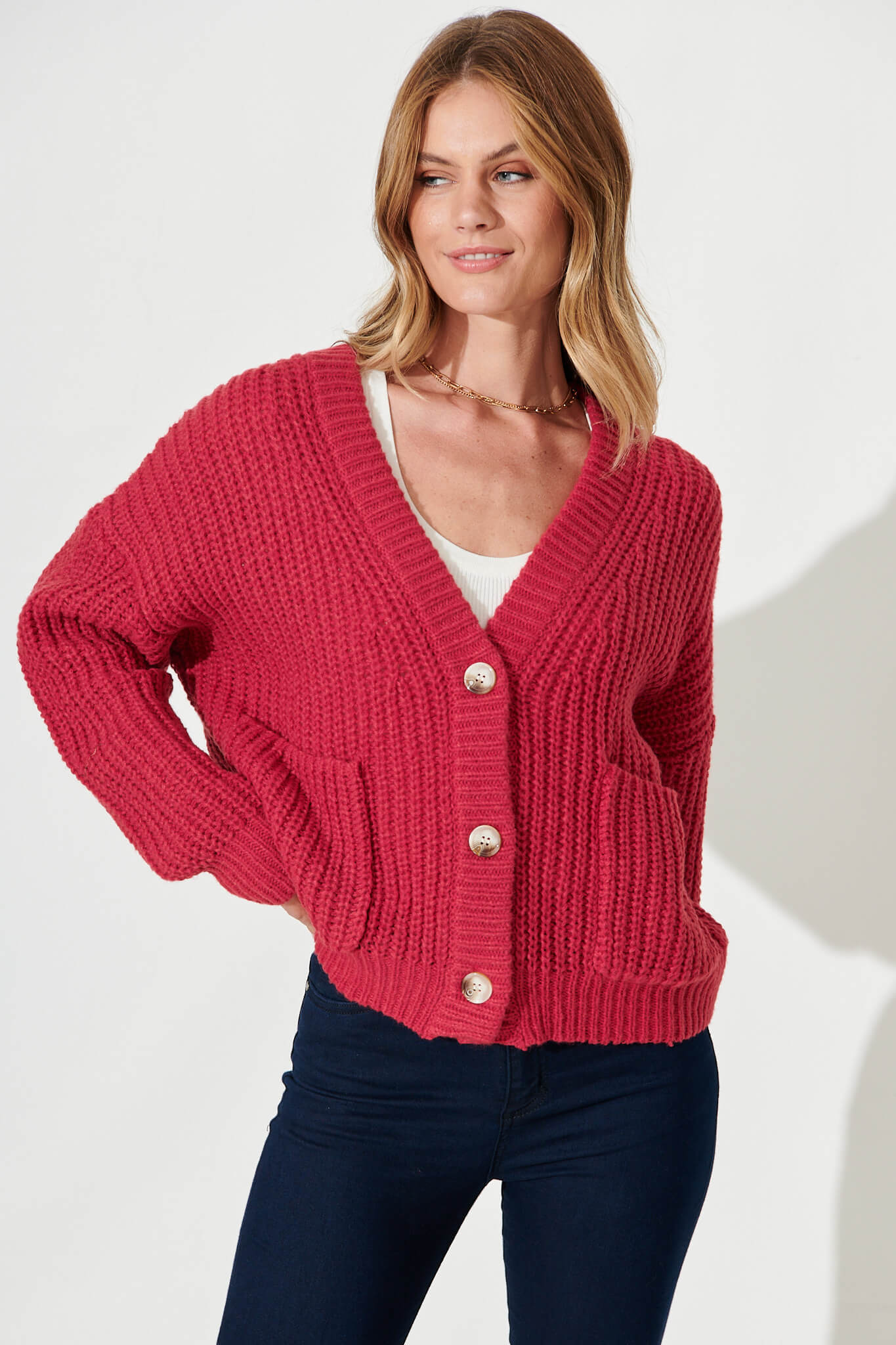 Arctic Knit Cardigan In Red Wool Blend - front