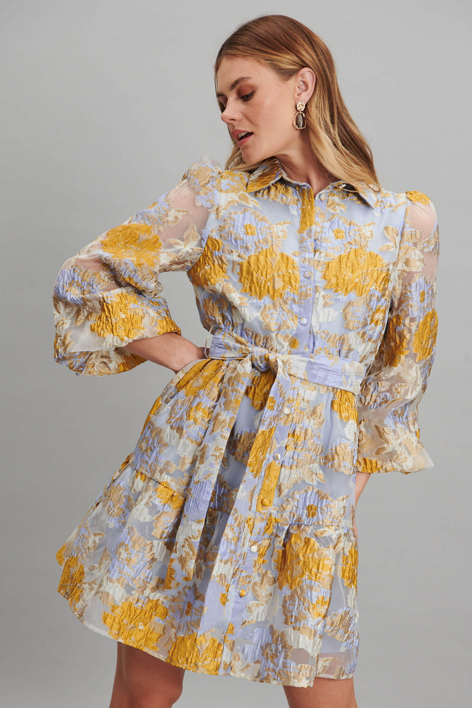 Fionelli Shirt Dress In Blue And Gold Floral Organza - front
