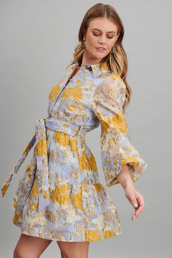 Fionelli Shirt Dress In Blue And Gold Floral Organza - side