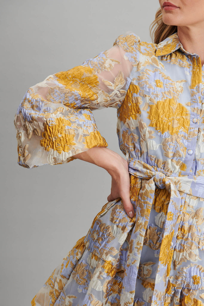 Fionelli Shirt Dress In Blue And Gold Floral Organza - detail