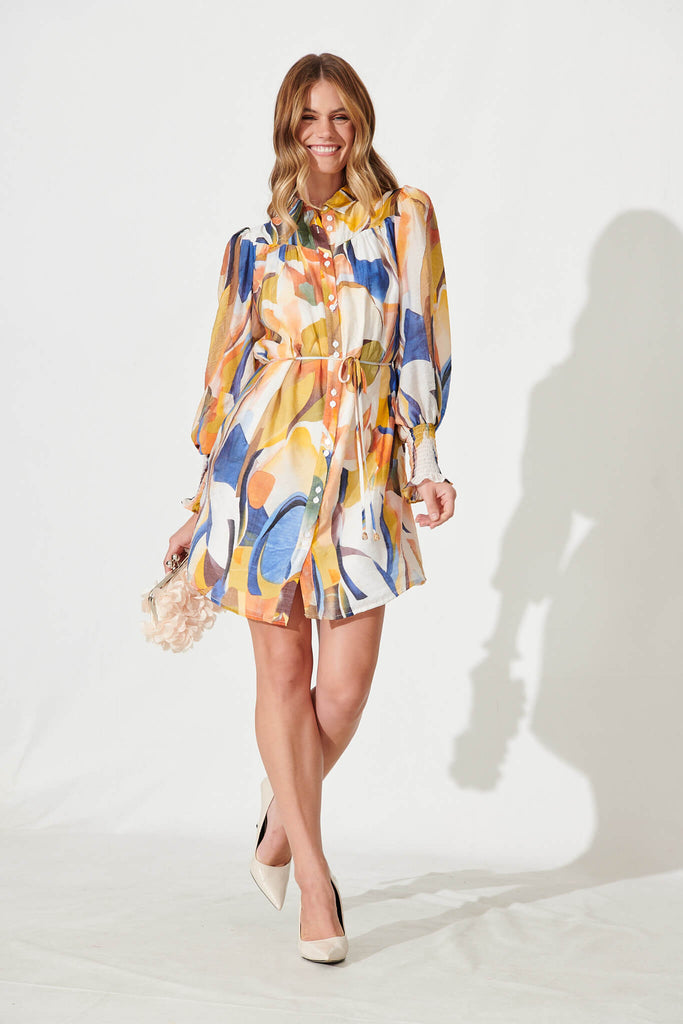 Venice Shirt Dress In White With Multi Floral - full length