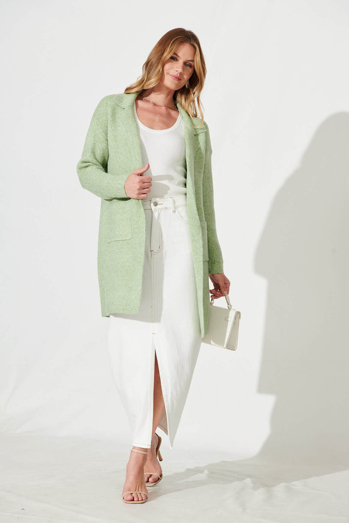 Acorn Knit Coatigan In Green Marle Wool Blend - full length