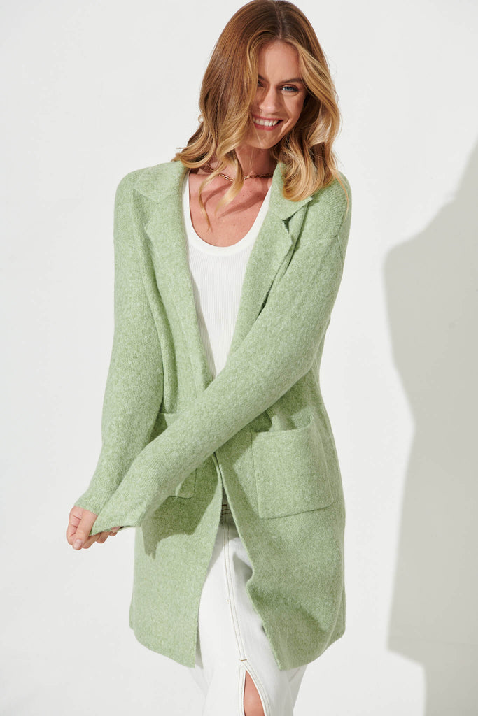 Acorn Knit Coatigan In Green Marle Wool Blend - front