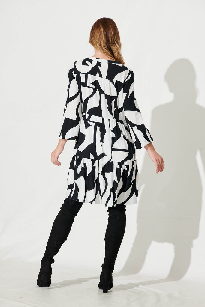 Cozumel Smock Dress In Black And Cream Geometric Print - back