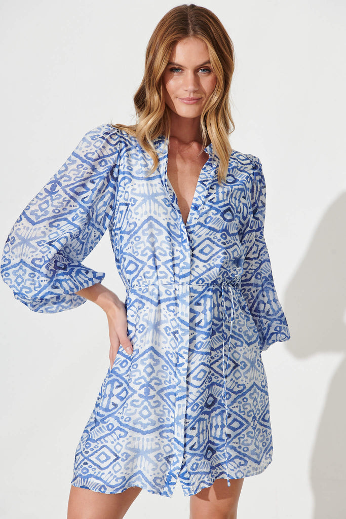 Molly Shirt Dress In Blue With White Cotton Blend - front