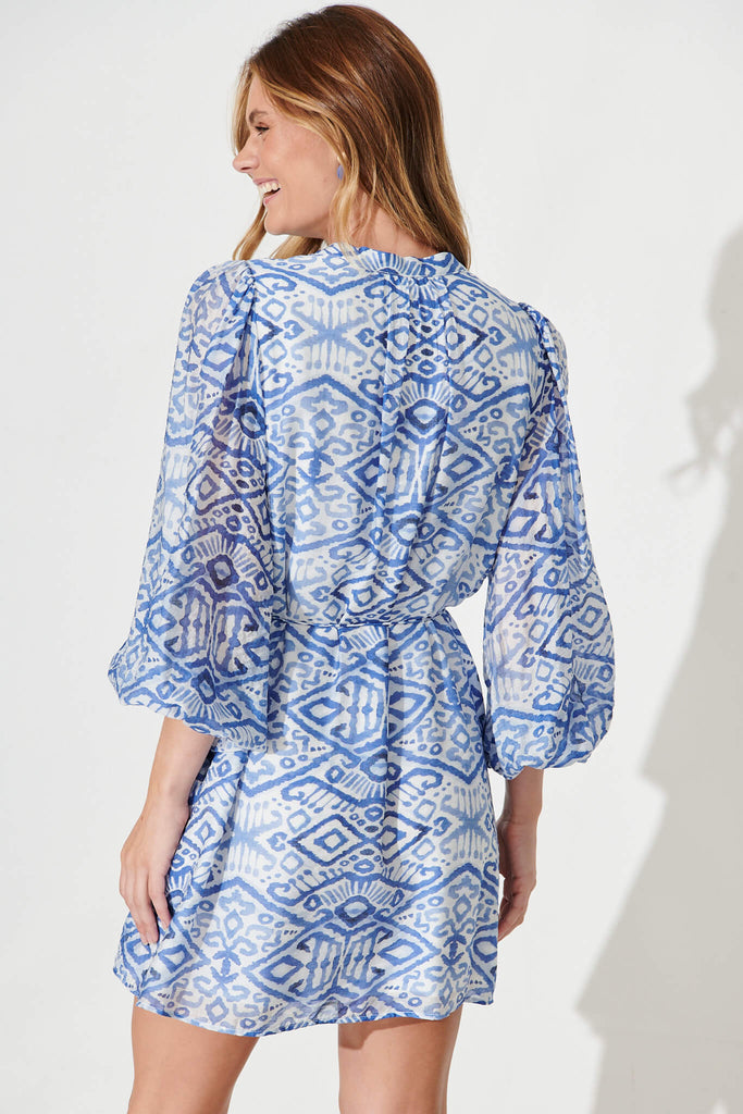 Molly Shirt Dress In Blue With White Cotton Blend - back