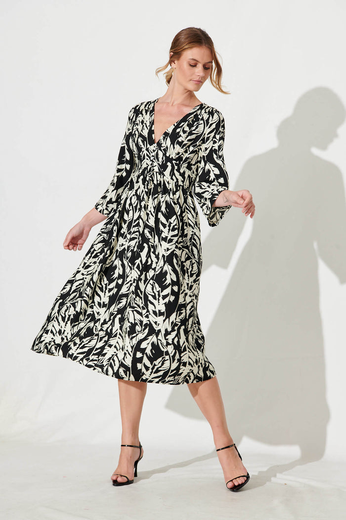 Gilmore Midi Dress In Black With Cream Leaf Cotton Blend - full length