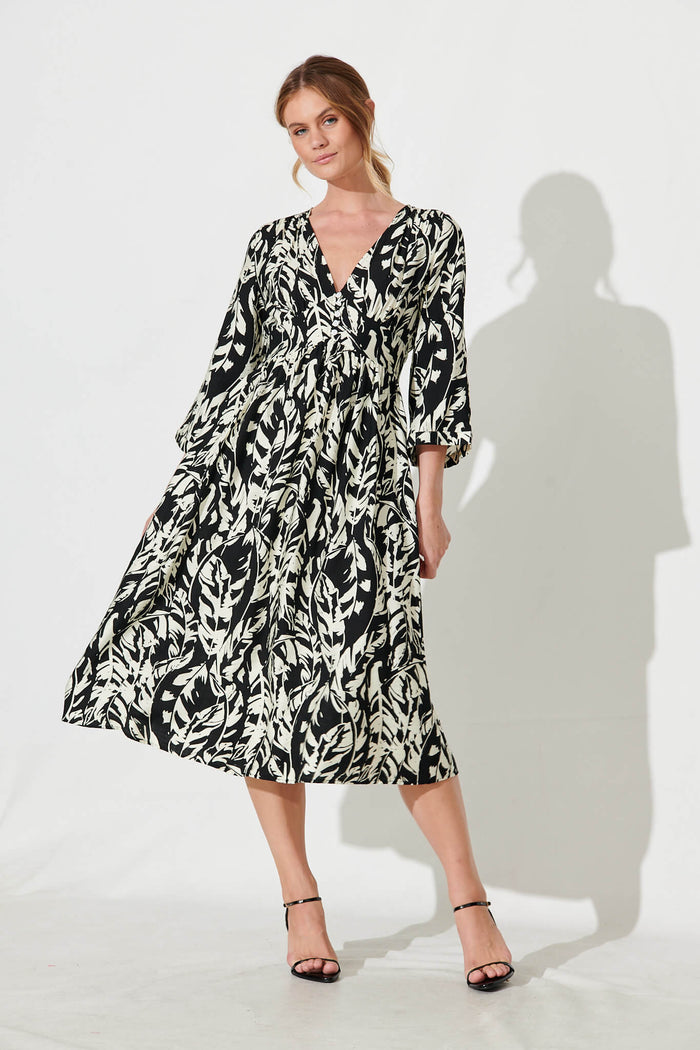 Gilmore Midi Dress In Black With Cream Leaf Cotton Blend - full length