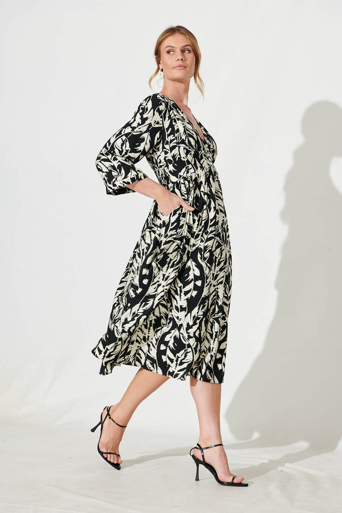 Gilmore Midi Dress In Black With Cream Leaf Cotton Blend - side