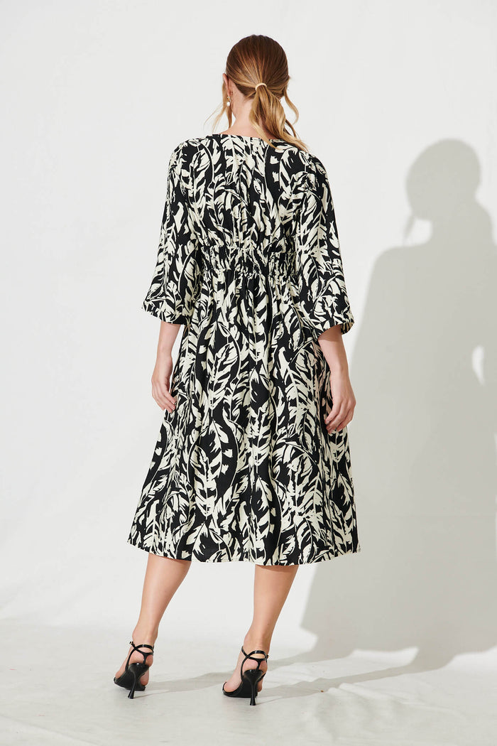 Gilmore Midi Dress In Black With Cream Leaf Cotton Blend - back