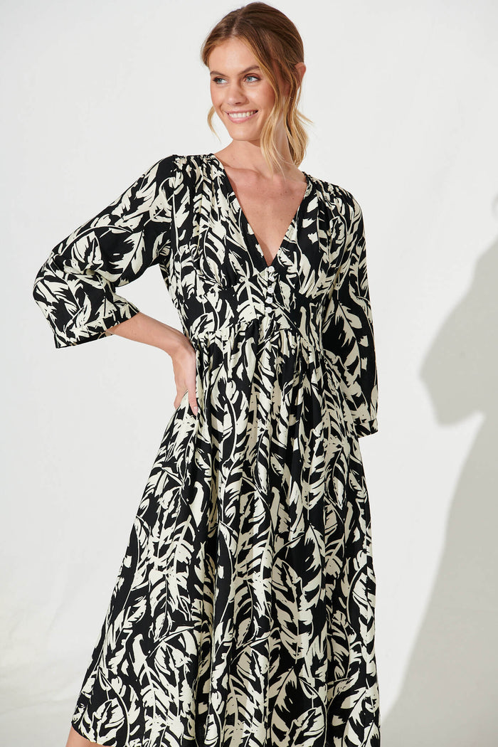 Gilmore Midi Dress In Black With Cream Leaf Cotton Blend - front