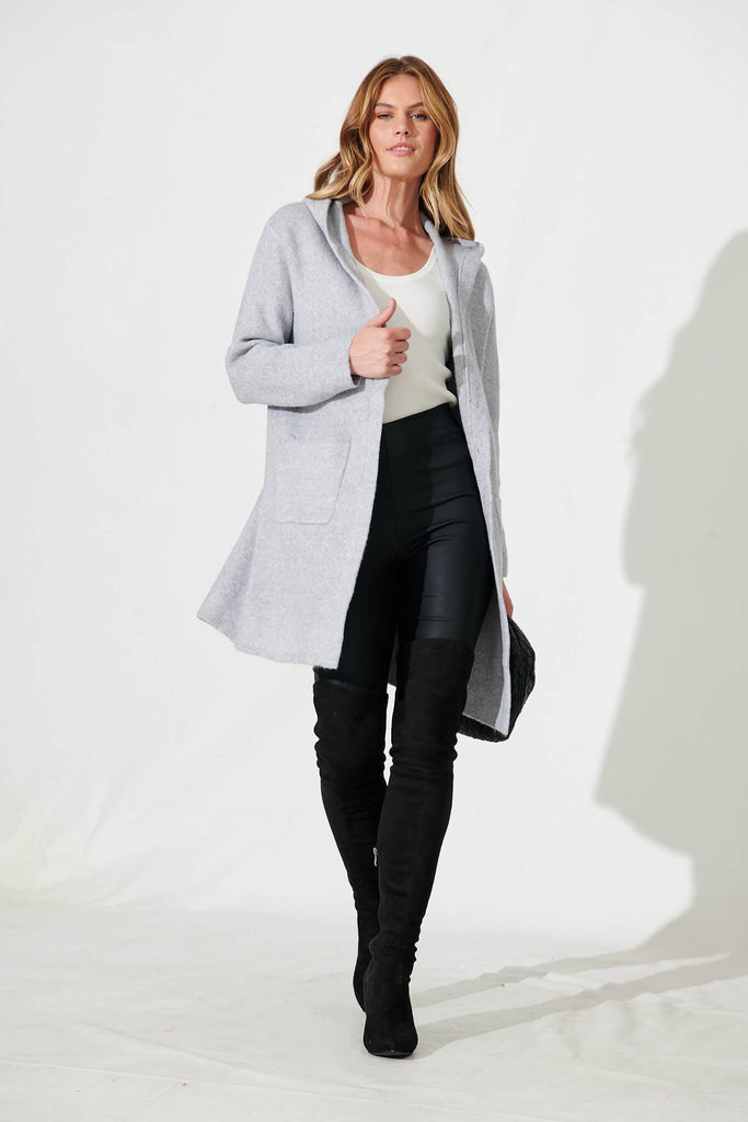 Icicle Hood Knit Cardigan In Grey Wool Blend - full length
