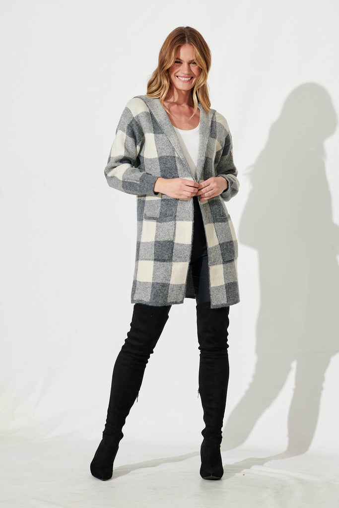 Dina Hood Knit Cardigan In Grey Check Wool Blend - full length