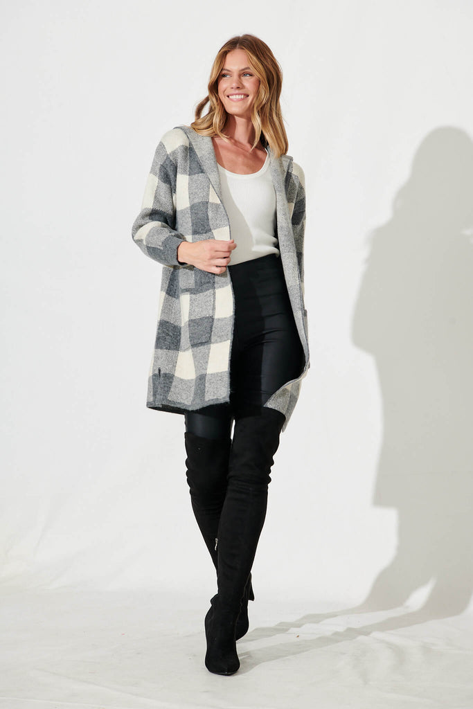 Dina Hood Knit Cardigan In Grey Check Wool Blend - full length